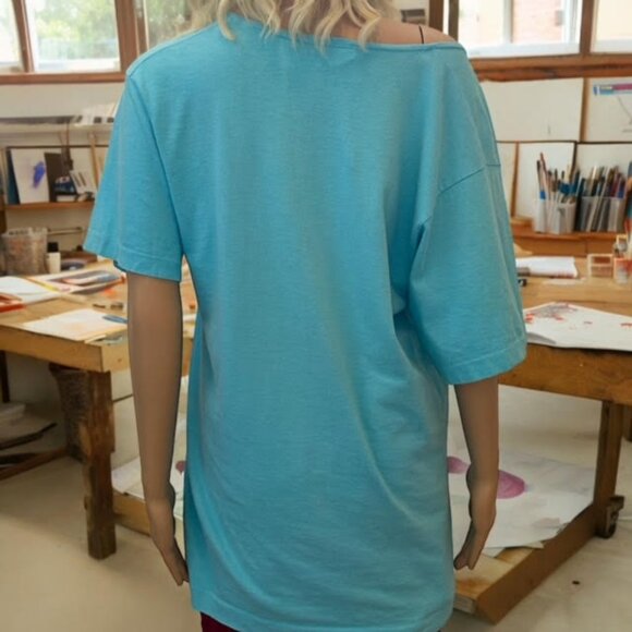 Vintage Single Stitch Hand Painted Wide Neck Blue Floral Graphic Women's T-Shirt - Picture 5 of 7